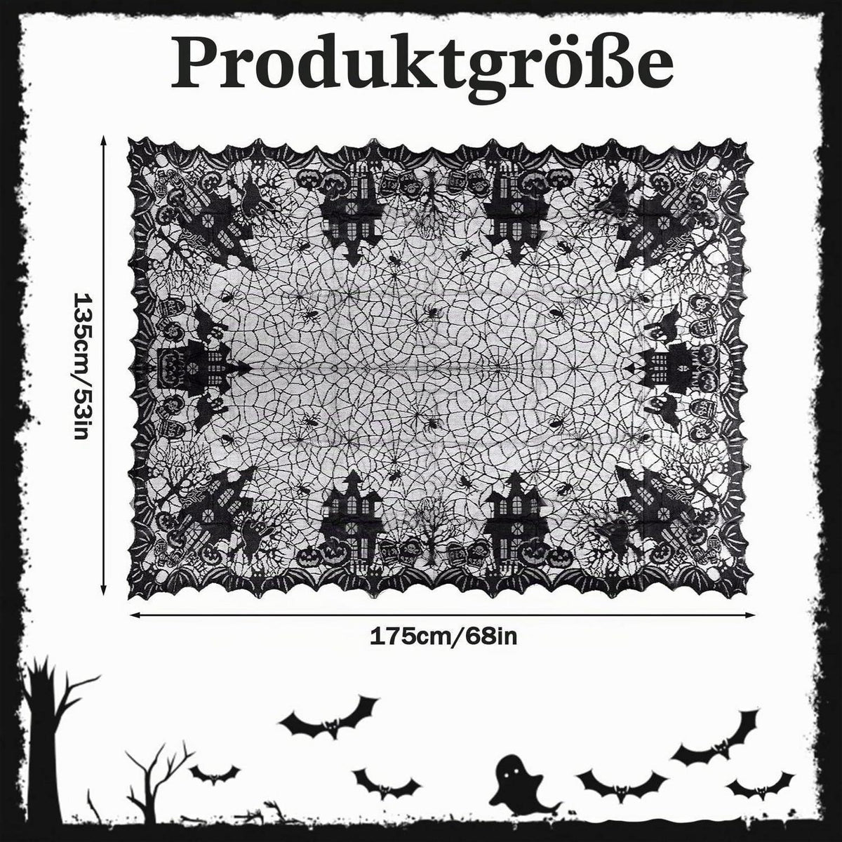 Halloween Tischdecke Schwarz Spitze 135x175 cm Wiederverwendbar