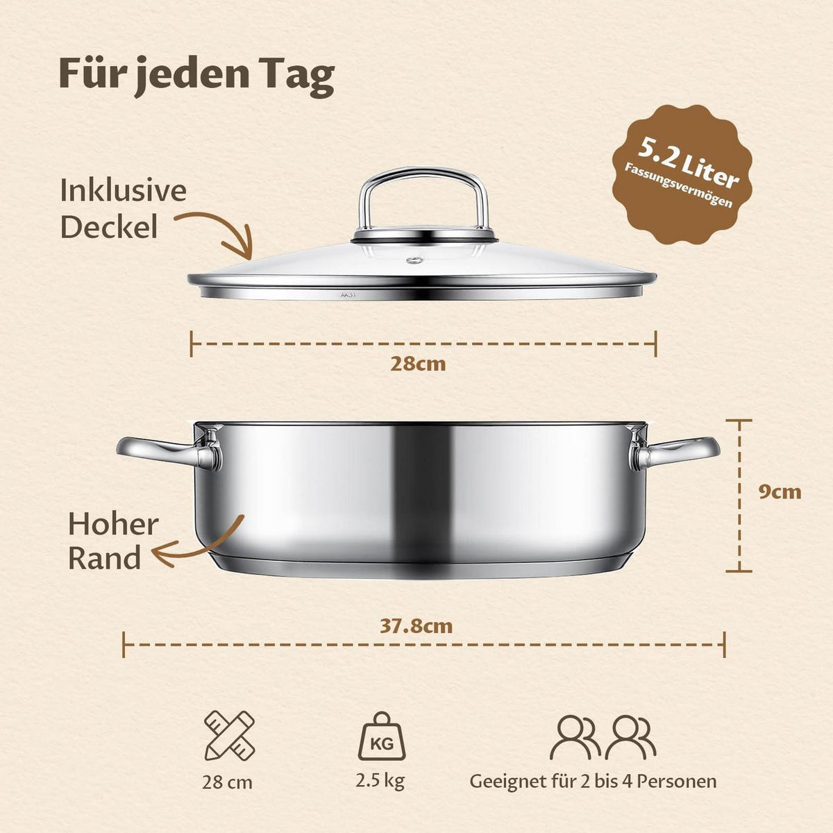 Edelstahl Schmorpfanne 28 cm mit Glasdeckel