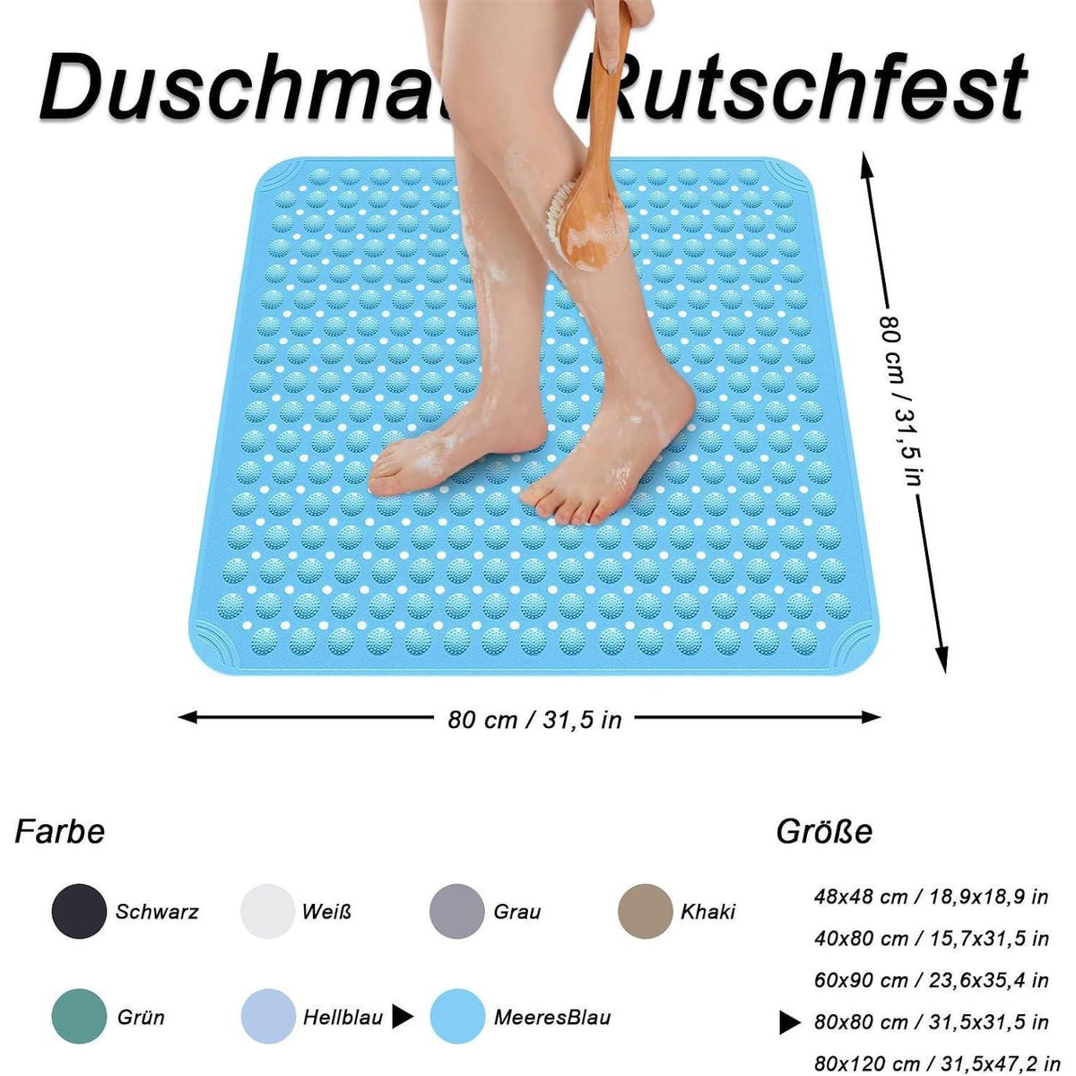 Rutschfeste Duschmatte 80x80 cm – Meeresblau mit Haken