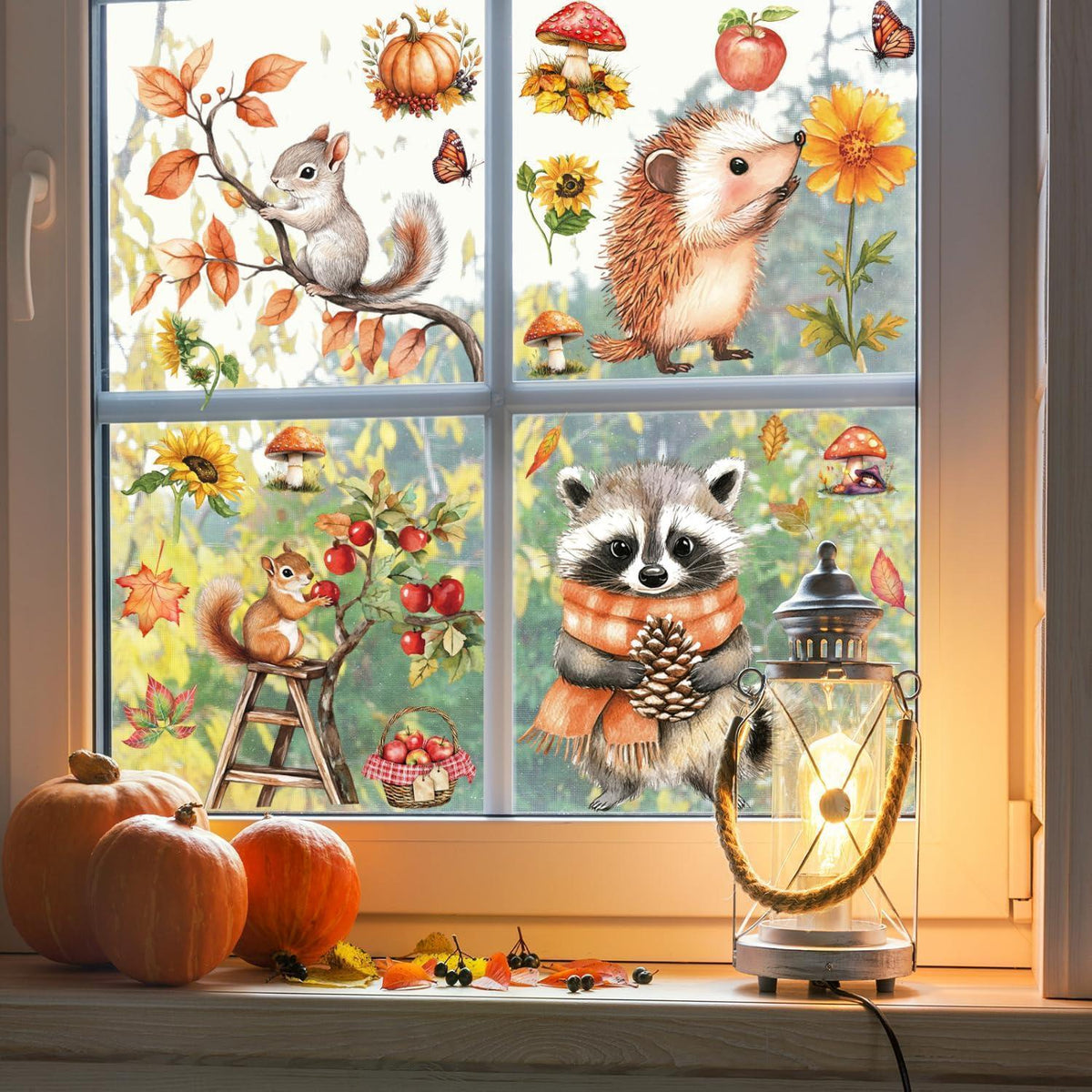 Herbst Fensterbilder Selbstklebend – Fensterdeko mit Eicheln & Eichhörnchen