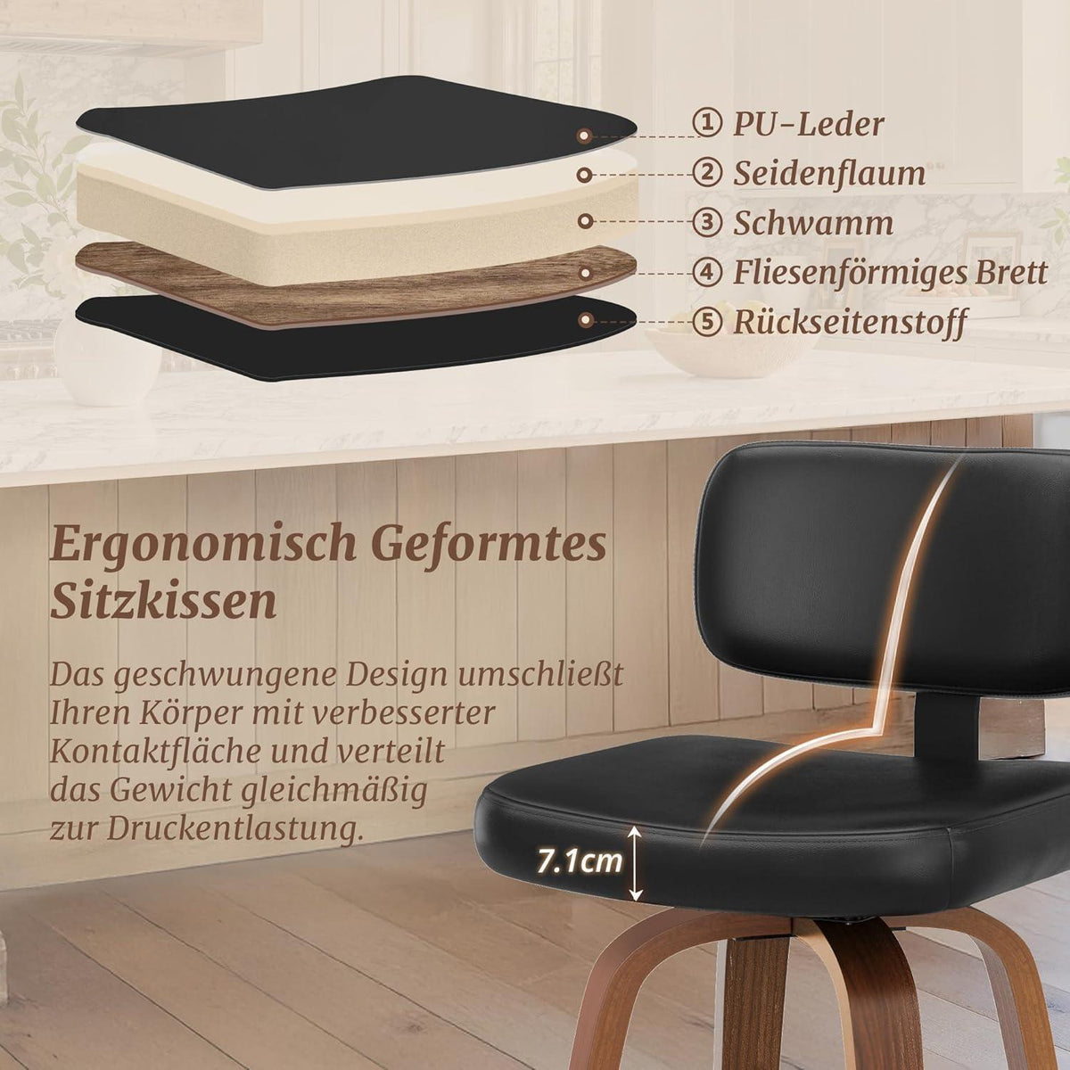 Drehbarer Barhocker 3er Set mit Lehne – Schwarz