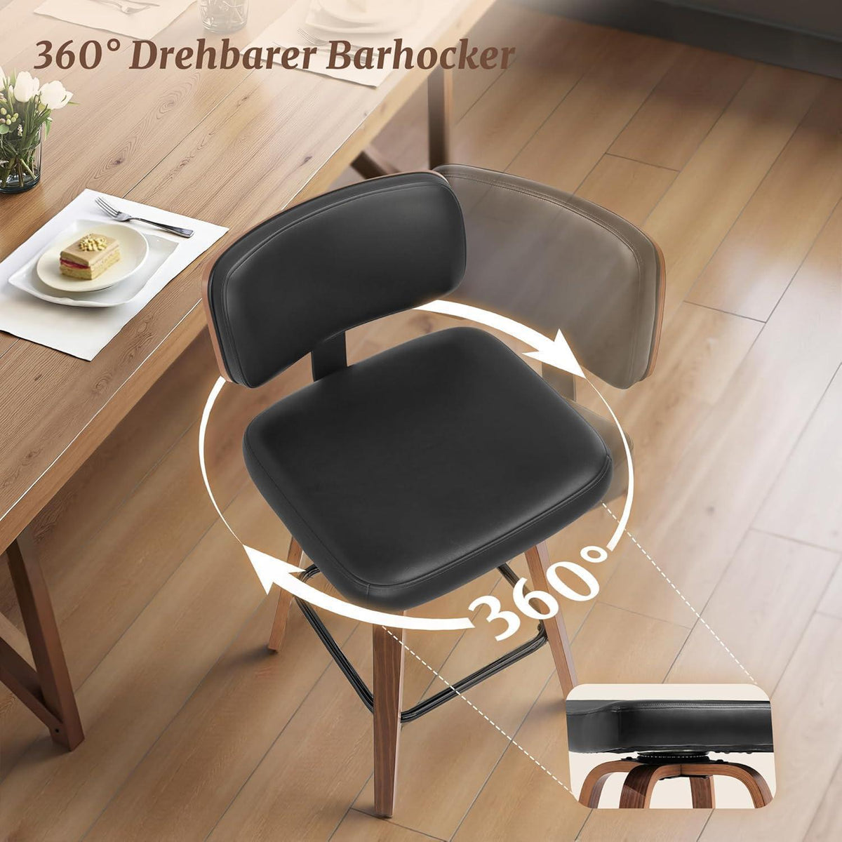 Drehbarer Barhocker 3er Set mit Lehne – Schwarz