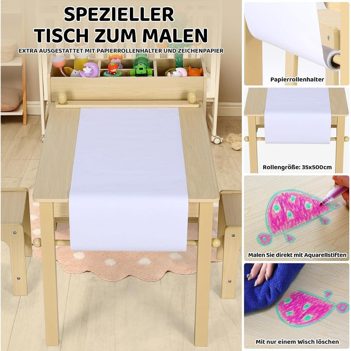 Kindertisch mit 2 Stühlen, Maltisch & Basteltisch, Gelb