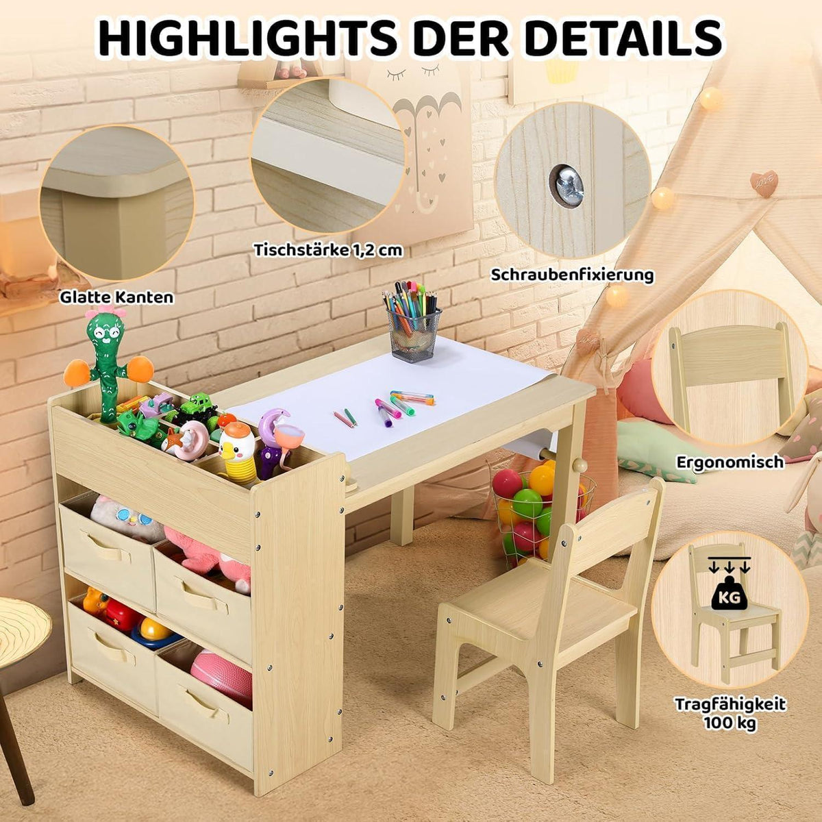 Kindertisch mit 2 Stühlen, Maltisch & Basteltisch, Gelb