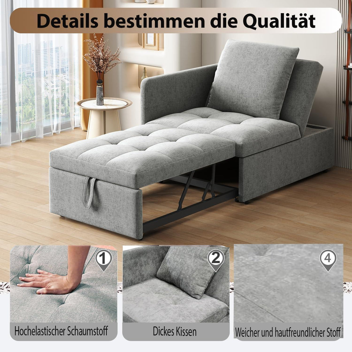 Schlafsofa Klein – 3-in-1 Schlafsessel mit Bettfunktion (Hellgrau)