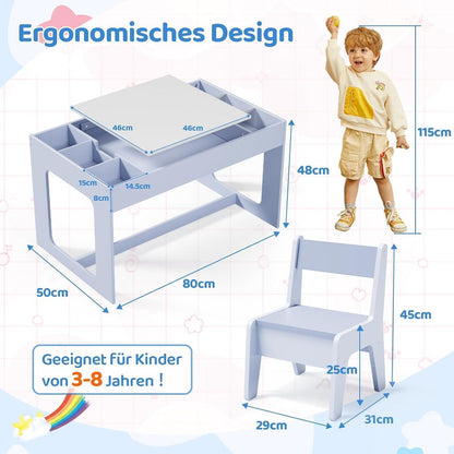 Kindertisch mit 2 Stühlen und Stauraum, wendbare Tischplatte, Blau
