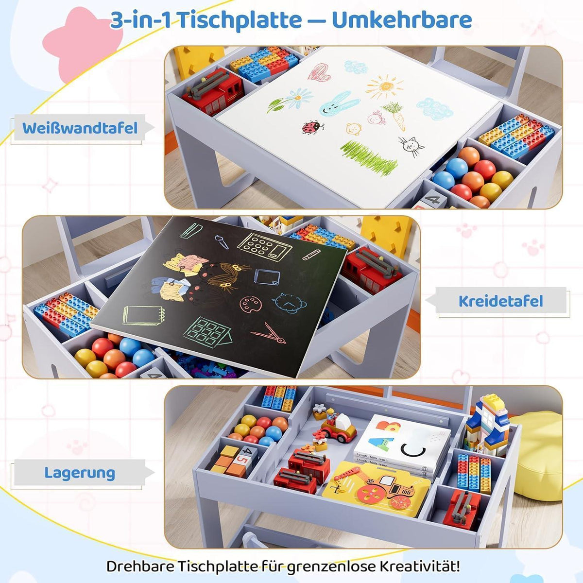 Kindertisch mit 2 Stühlen und Stauraum, wendbare Tischplatte, Blau