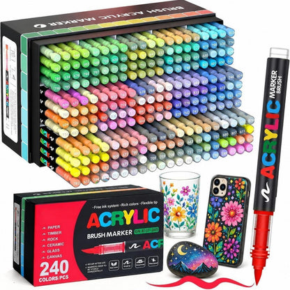 Acrylmarker Set 240 Farben mit Pinselspitze – Vielseitig & Wasserfest