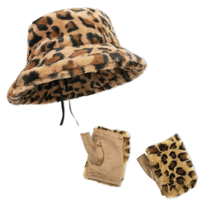 Flauschige Leopardenmütze Damen Winter Set mit Handschuhen