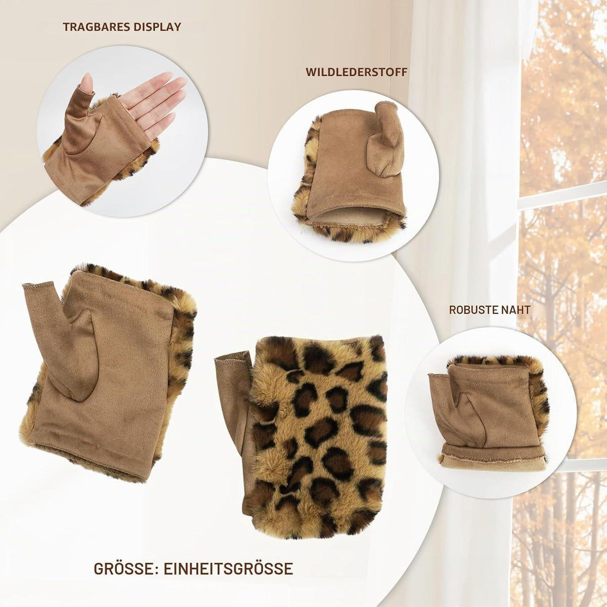Flauschige Leopardenmütze Damen Winter Set mit Handschuhen