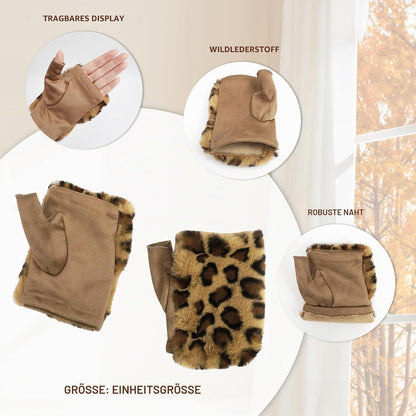Flauschige Leopardenmütze Damen Winter Set mit Handschuhen