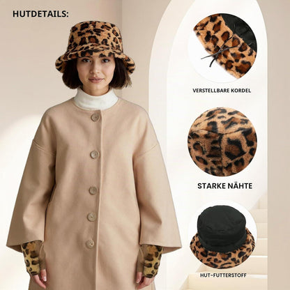 Flauschige Leopardenmütze Damen Winter Set mit Handschuhen
