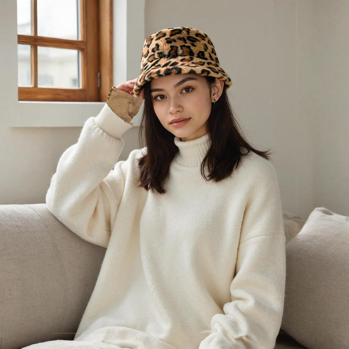 Flauschige Leopardenmütze Damen Winter Set mit Handschuhen