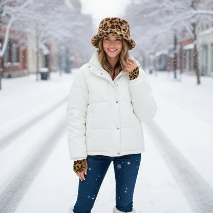 Flauschige Leopardenmütze Damen Winter Set mit Handschuhen