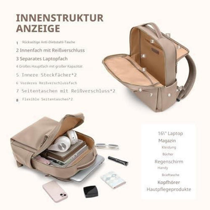 Laptop Rucksack Damen 16 Zoll – Wasserdicht, Braun, Business & Reise