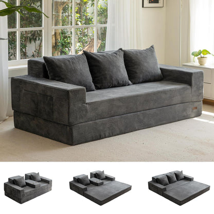 Bequemes Schlafsofa mit Getränkehaltern & Kissen – Grau