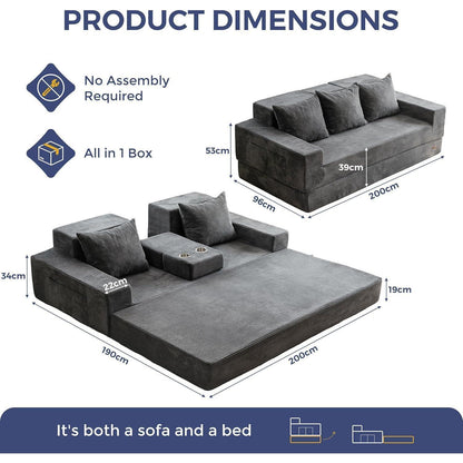 Bequemes Schlafsofa mit Getränkehaltern & Kissen – Grau