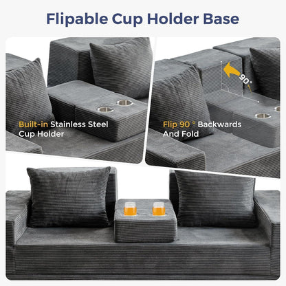 Bequemes Schlafsofa mit Getränkehaltern & Kissen – Grau