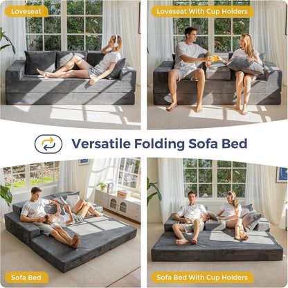 Bequemes Schlafsofa mit Getränkehaltern & Kissen – Grau