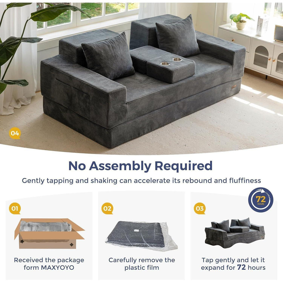 Bequemes Schlafsofa mit Getränkehaltern & Kissen – Grau