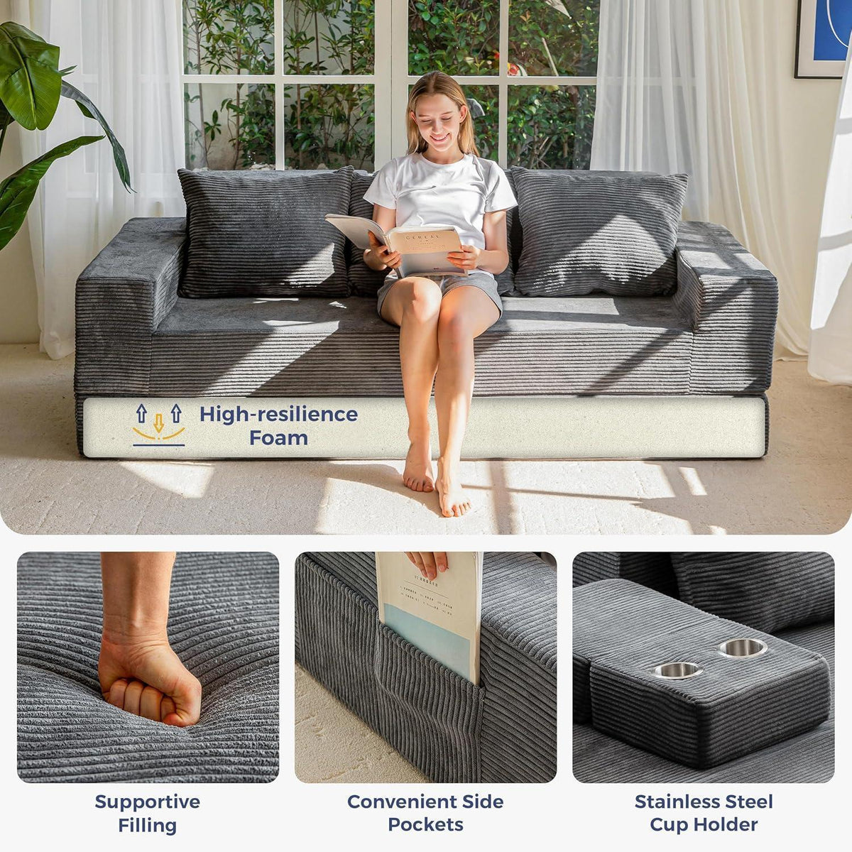 Bequemes Schlafsofa mit Getränkehaltern & Kissen – Grau