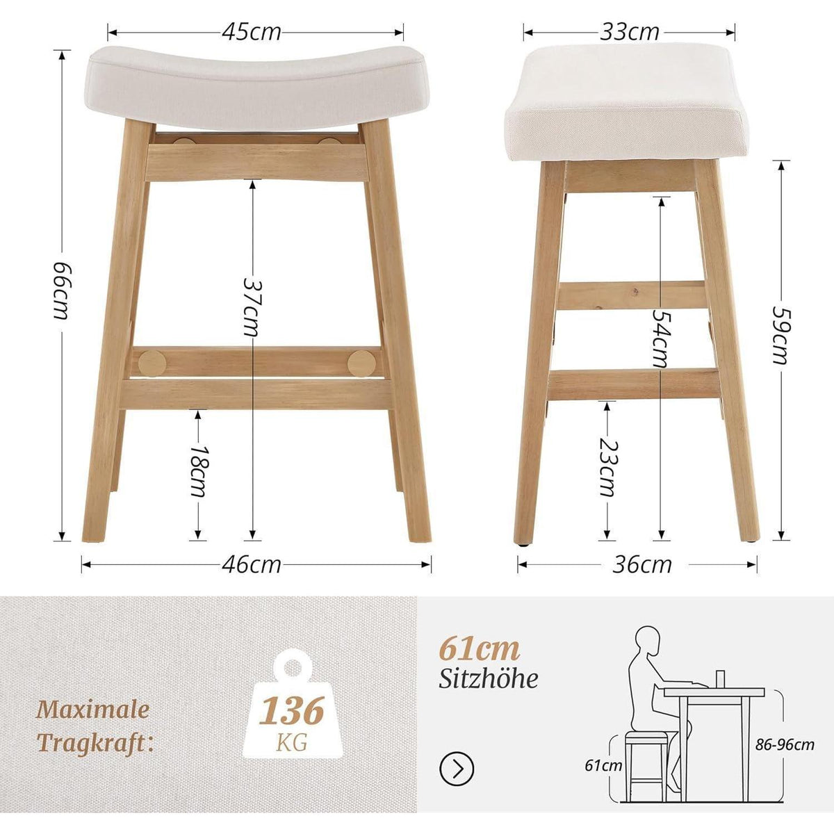 Barhocker Set 4er – Beige, 61cm, Stoff Sitzfläche