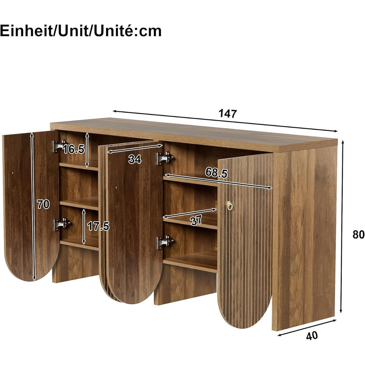 Holz Sideboard mit Schubladen & Verstellbaren Regalen (147x40x80)