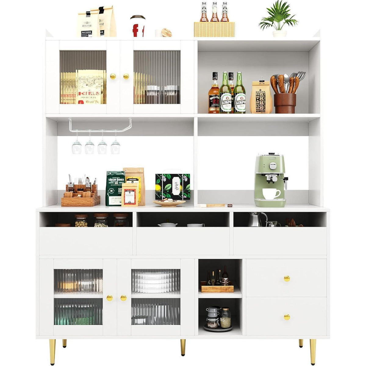 Hochschrank mit Glastür & Weinregal – Weiß mit Gold | 145x39x171cm