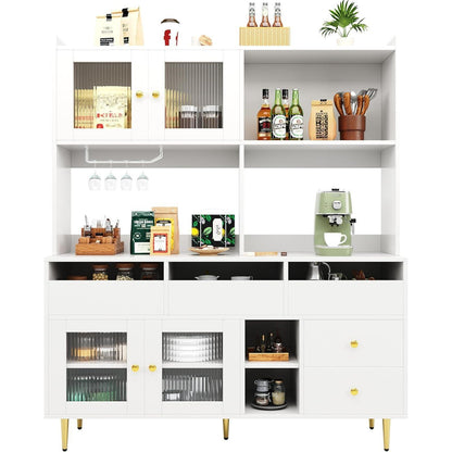 Hochschrank mit Glastür & Weinregal – Weiß mit Gold | 145x39x171cm