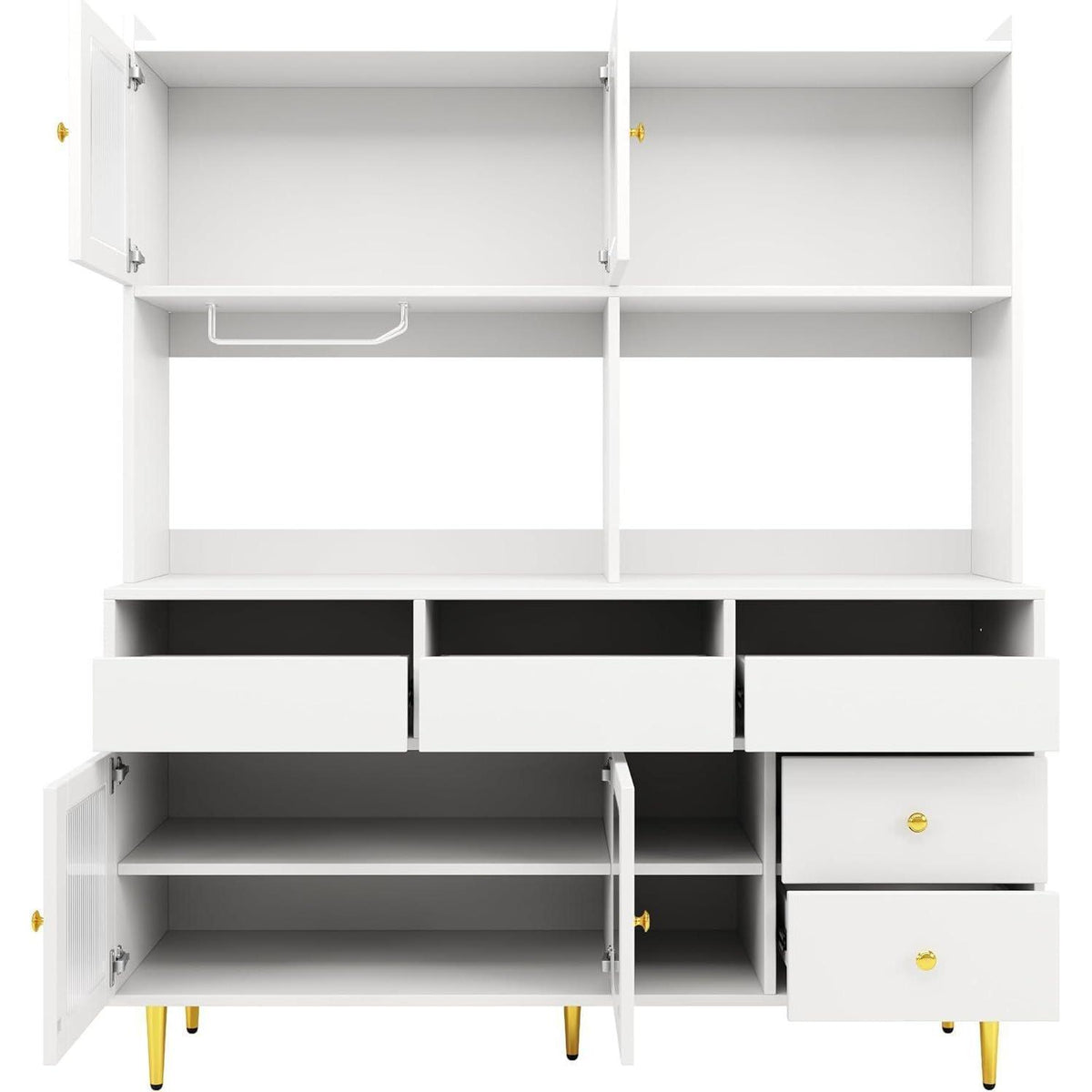 Hochschrank mit Glastür & Weinregal – Weiß mit Gold | 145x39x171cm