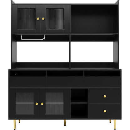 Hochschrank mit Glastür & Weinregal – Schwarz mit Gold | 145x39x171cm