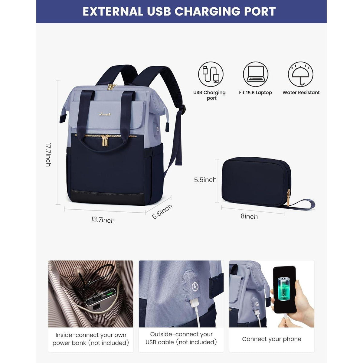 Laptop Rucksack 17,3 Zoll wasserdicht für Uni Büro Arbeit Hellblau Marineblau