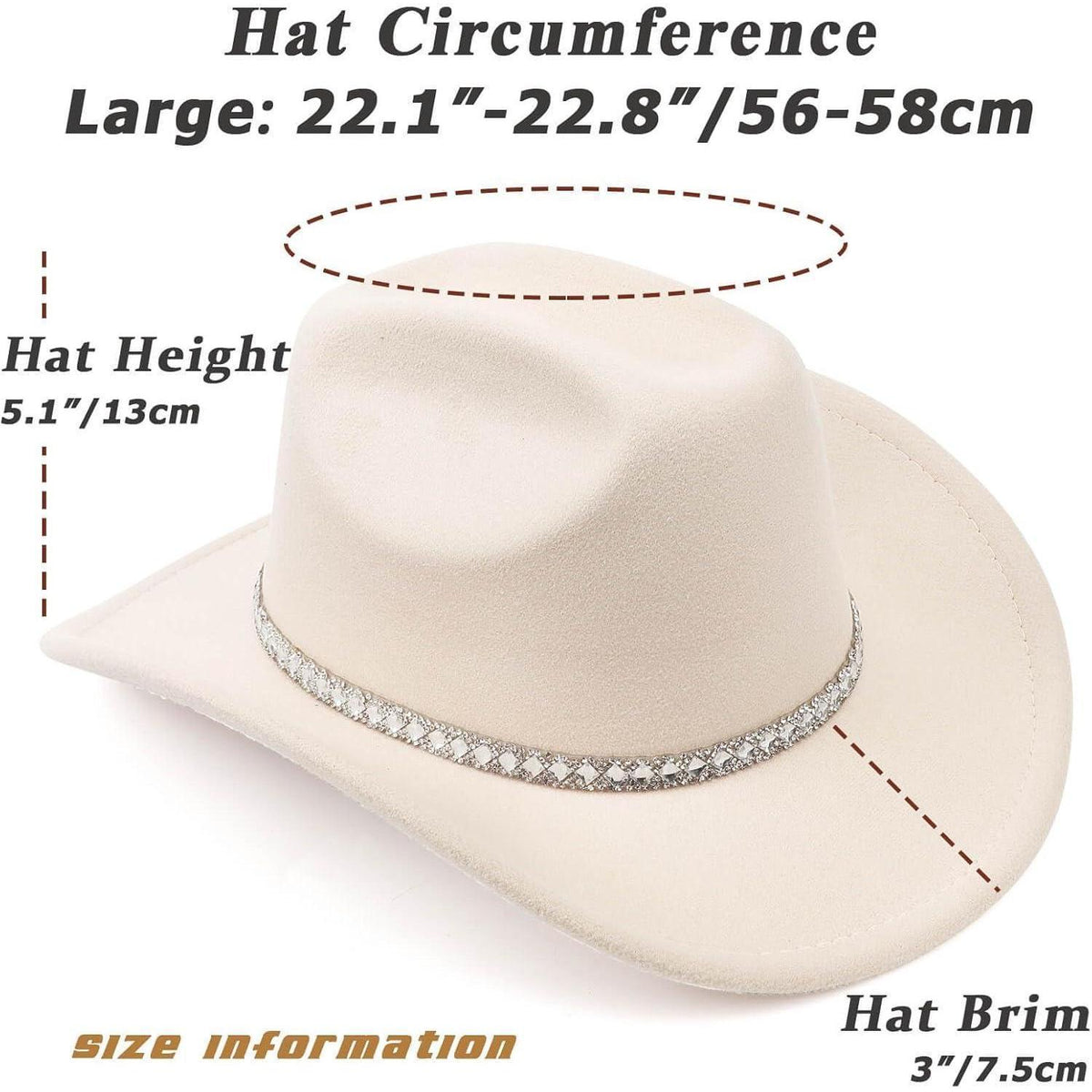 Cowboyhut Damen Herren Glitzer Strass Krempe Filz Fedora Beige