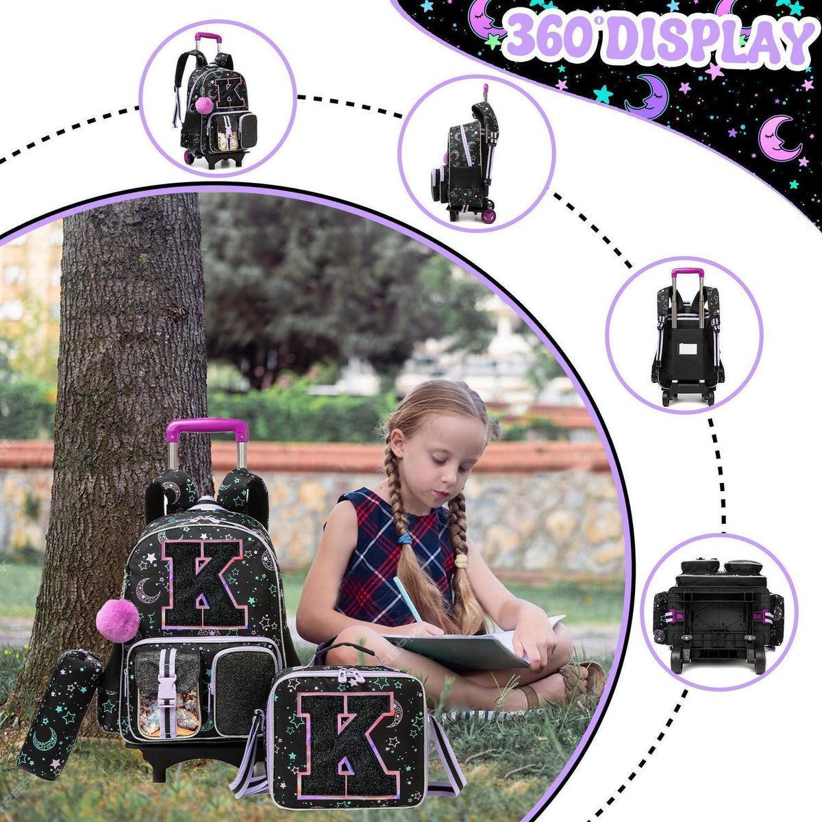 Schultrolley Rucksack Kinder mit Rollen – Schwarz