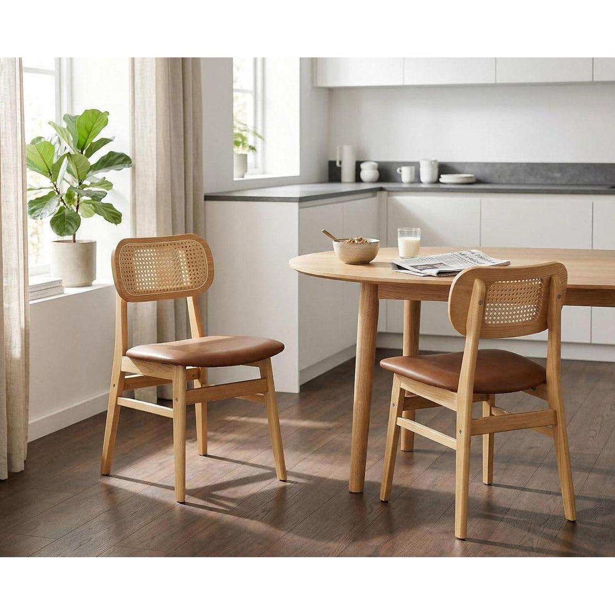 Esszimmerstühle 2er Set Rattan Braun in Lederoptik