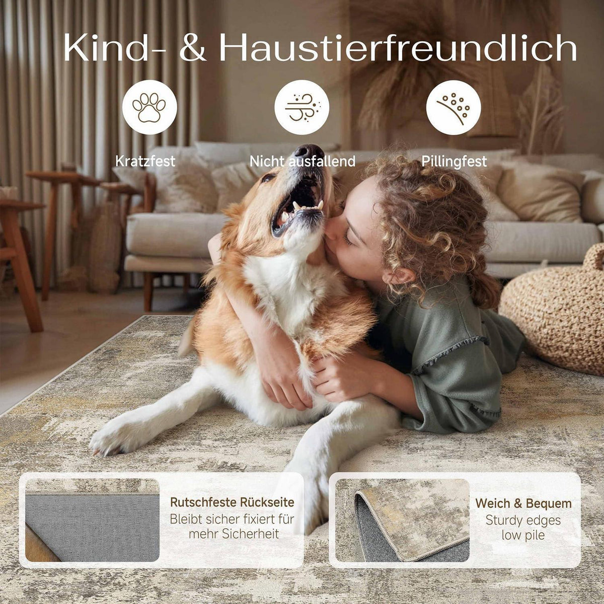 Abstraktes Wohnzimmer Teppich 240x300 cm – Vintage & Waschbar