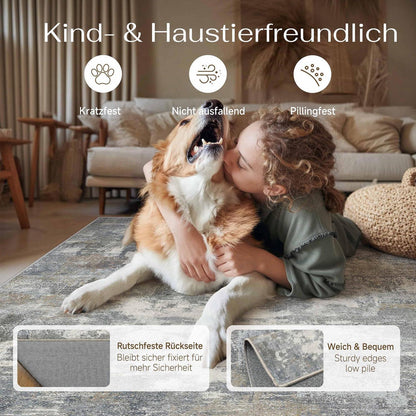 Abstraktes Wohnzimmer Teppich Blau-Grau 150x210cm Rutschfest Kurzflor