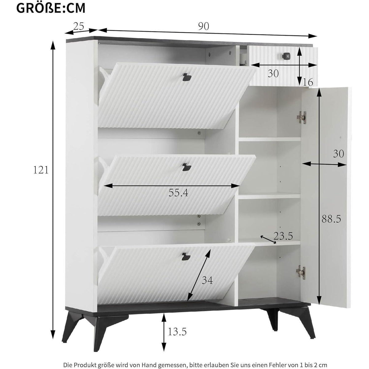 Schmaler Schuhschrank mit Klappen & Schublade – Weiß