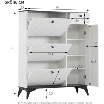 Schmaler Schuhschrank mit Klappen & Schublade – Weiß