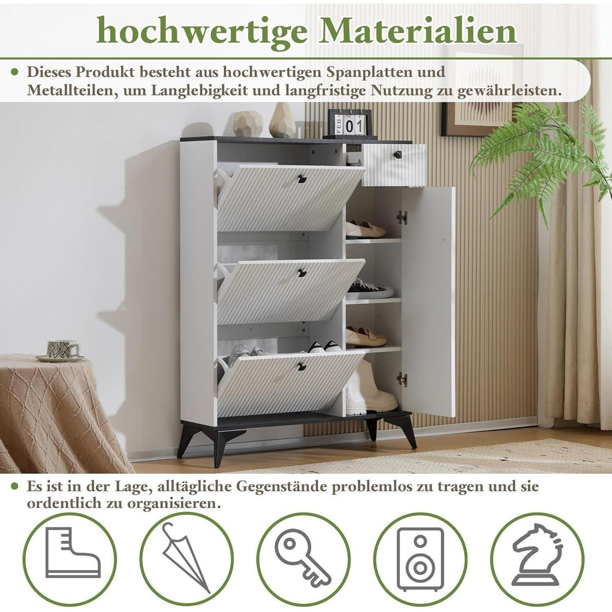 Schmaler Schuhschrank mit Klappen & Schublade – Weiß