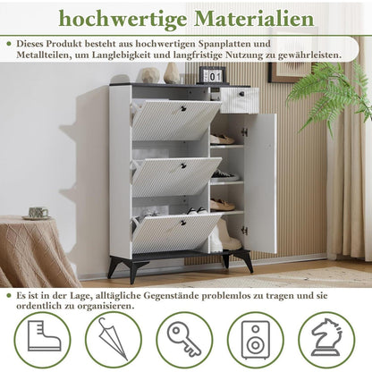 Schmaler Schuhschrank mit Klappen & Schublade – Weiß