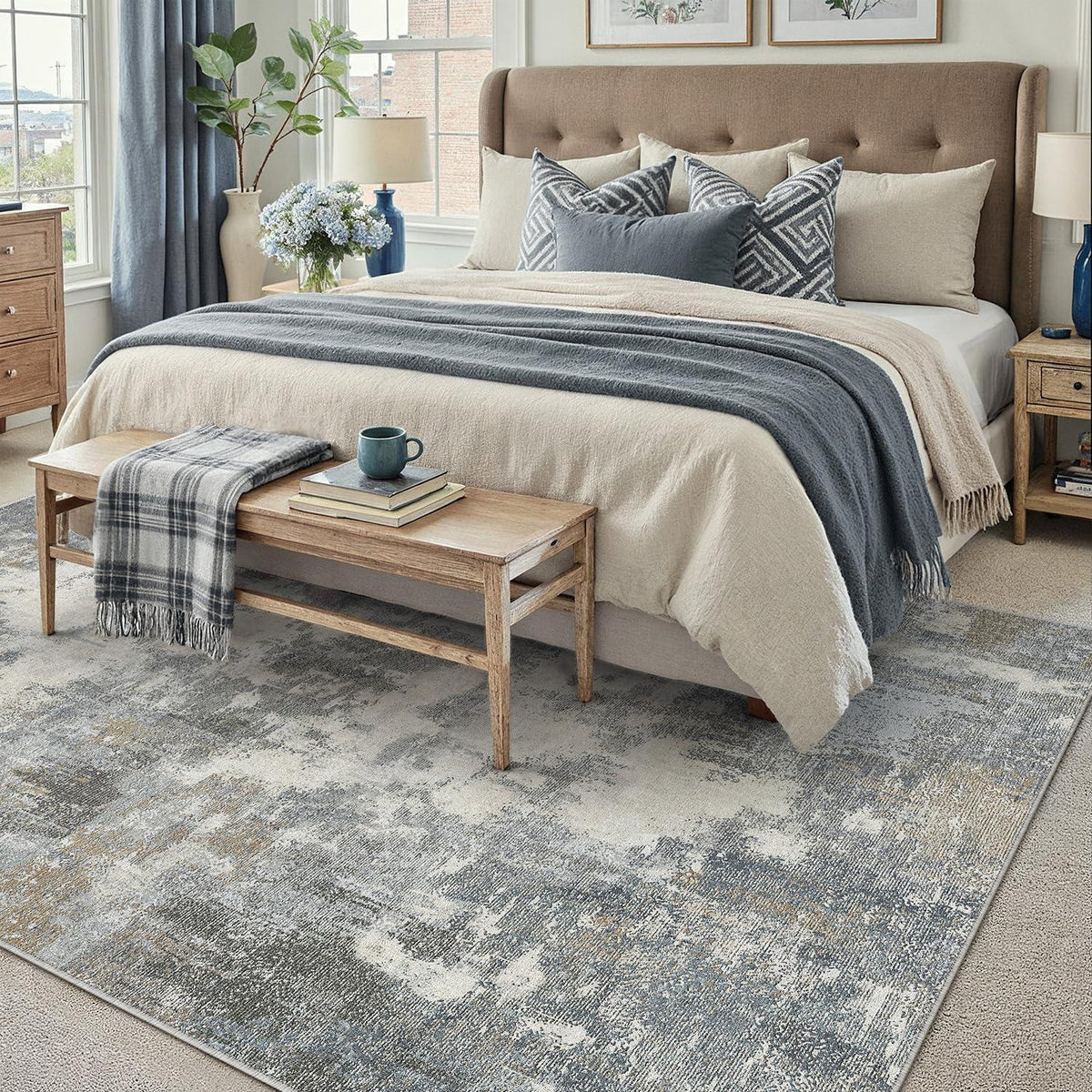 Abstraktes Wohnzimmer Teppich Blau-Grau 160x230cm Rutschfest Waschbar