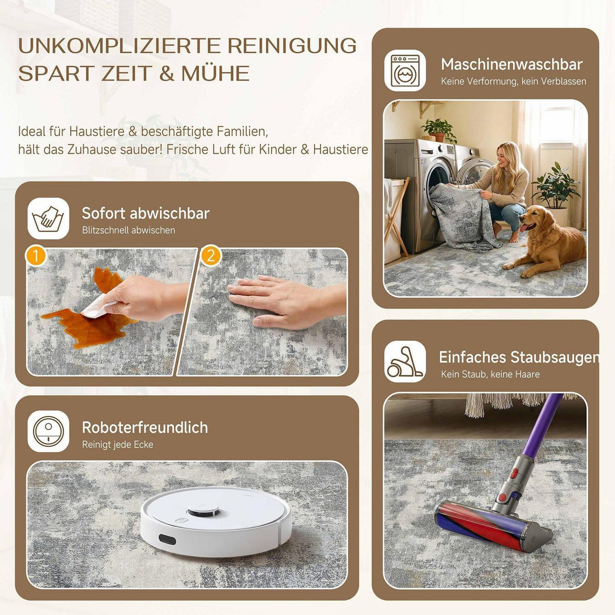 Abstraktes Wohnzimmer Teppich Blau-Grau 160x230cm Rutschfest Waschbar
