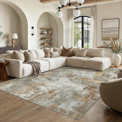 Abstraktes Wohnzimmer Teppich 200x300cm – Rutschfest, Waschbar, Orange-Grau