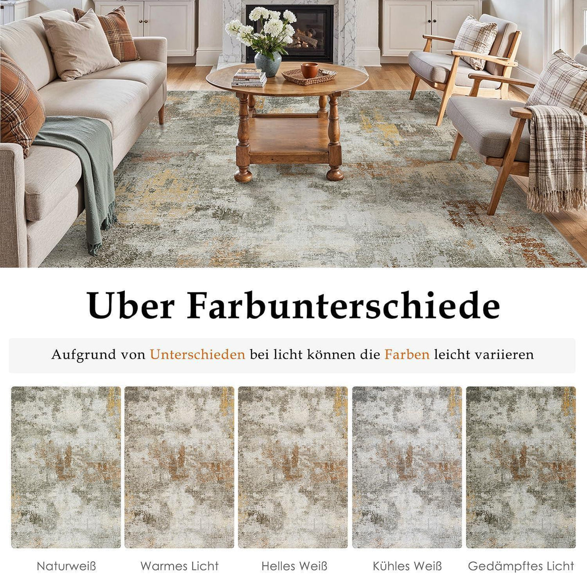 Abstraktes Wohnzimmer Teppich 160x230cm – Rutschfest, Waschbar, Orange-Grau