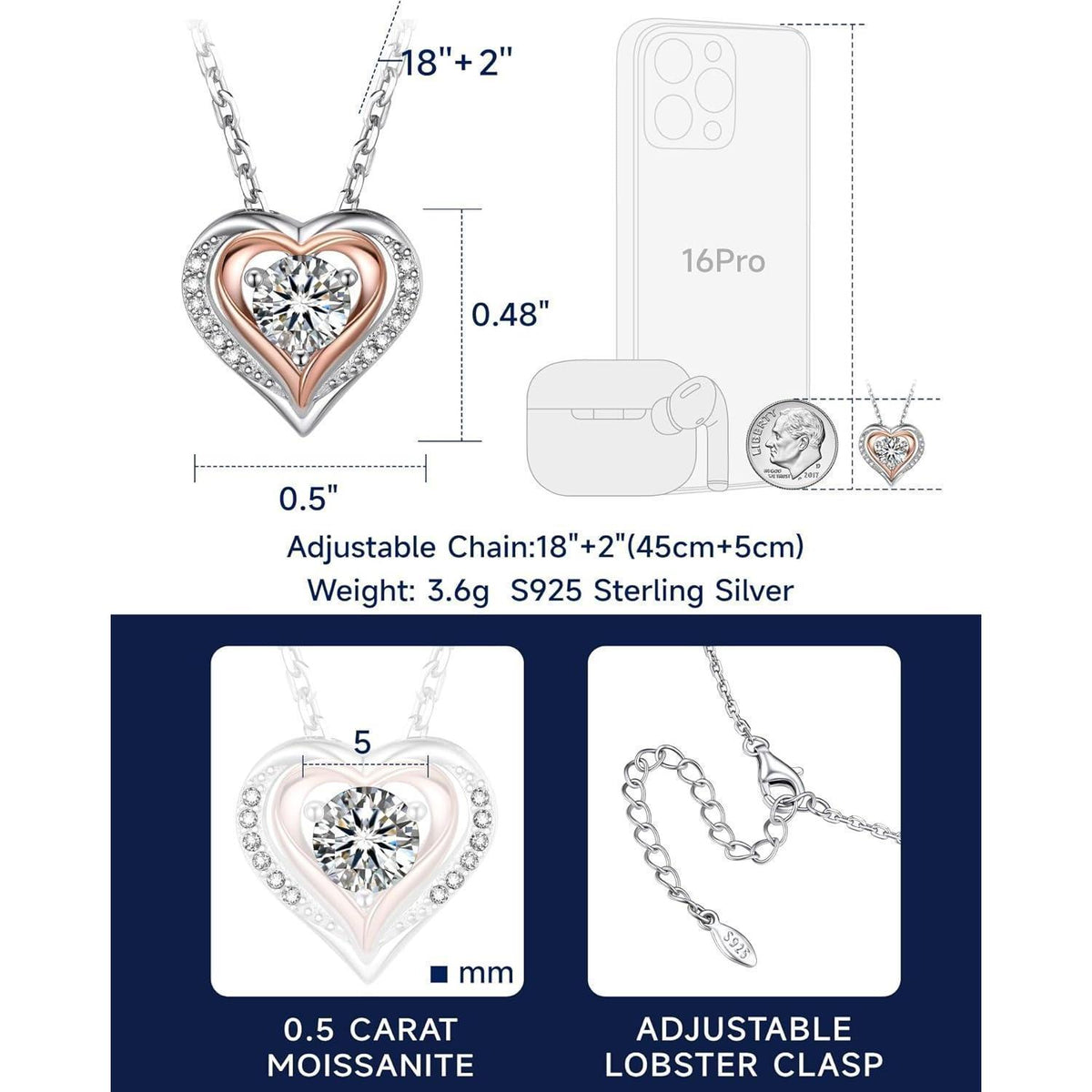 MomentWish Halskette Herz 925 Silber Moissanit 0,5 Karat Rosegold Geschenk