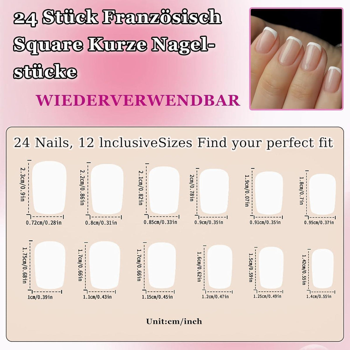 Französische Press-On Nägel Weiß – 24 Stück mit Nagelkleber