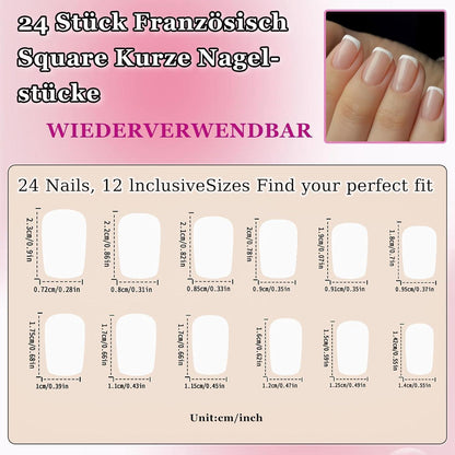 Französische Press-On Nägel Weiß – 24 Stück mit Nagelkleber