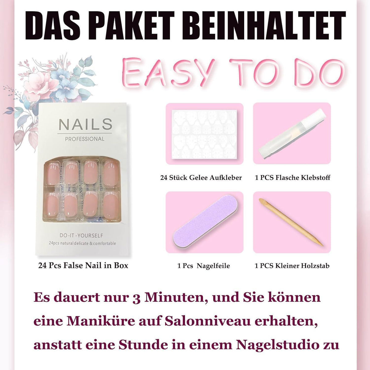 Französische Press-On Nägel Weiß – 24 Stück mit Nagelkleber