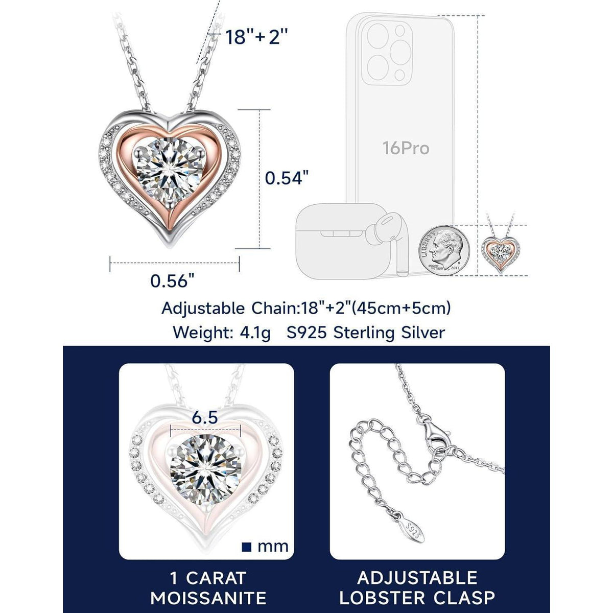 Halskette Herz 1 Karat Moissanit Silber 925 Rosegold Geschenk